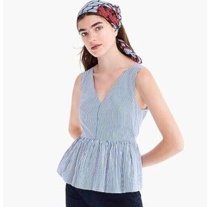 J. Crew Sleeveless Peplum Poplin Striped Top Blue White Double V Neck